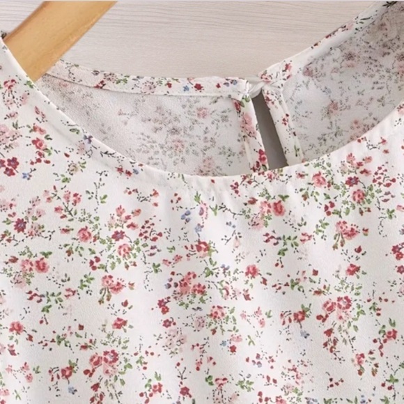 Floral White Pink Ruffle Sleeves Top - Picture 3 of 4